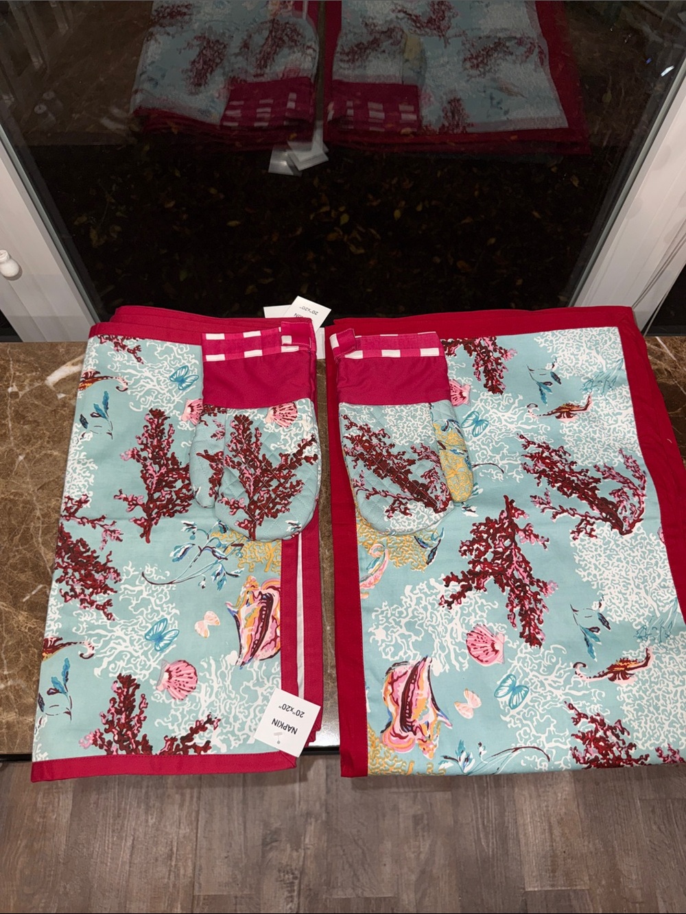 Ocean Coral Print Kitchen Towel Set with Red Trim